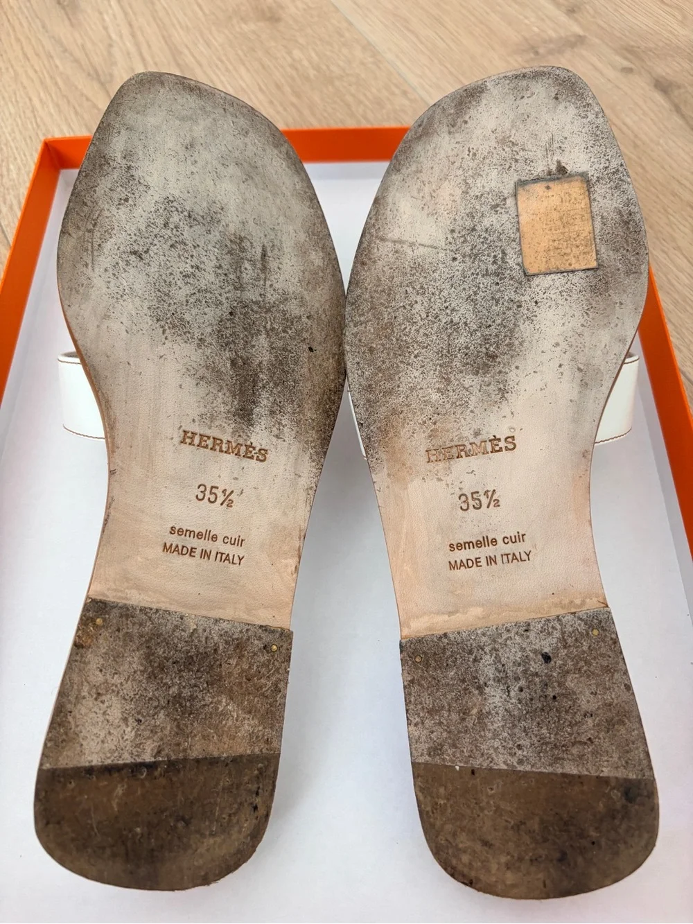 Hermes White Leather H‑Slide Sandals with Tan Sole Edge